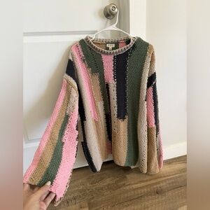 POL – Color Block Chunky Knit Sweater – Green/Beige/Pink – Size M